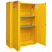 A yellow metal Durham Mfg safety cabinet with manual doors.