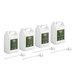 Four white plastic containers with green labels for Noble Eco Novo Terra hotel toiletries.