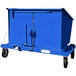 A blue Jescraft self-dumping forklift hopper with cable release and wheels.