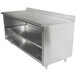 A stainless steel Advance Tabco work table with shelves.
