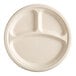 A white EcoChoice bagasse plate with three sections.