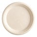 A white EcoChoice bagasse plate with a white rim.