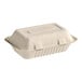 A white EcoChoice bagasse take-out container with a lid.