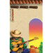 A mexican guitar player sits on a porch with a red and yellow zigzag design on a sombrero.