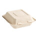 A white EcoChoice bagasse 3-compartment take-out container with a lid.