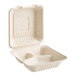 An EcoChoice bagasse container with three compartments.