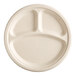 An EcoChoice natural bagasse paper plate with three sections.