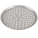 A silver round metal tray with holes.