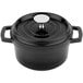 A gray enamel coated cast aluminum Dutch oven with a lid.