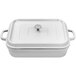 A white rectangular roasting pan with a lid.