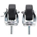 A pair of True stem casters with black rubber wheels and nuts on them.