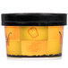 A yellow Huhtamaki paper soup container with black print and a black lid.