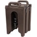 A dark brown Cambro insulated beverage dispenser with a handle.