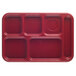 A cranberry red rectangular tray with six square compartments.