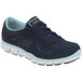 A close-up of a navy and aqua Skechers Work Stacey non-slip athletic shoe.