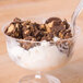 A bowl of ice cream topped with chocolate and Dutch Treat ground peanut butter cups.