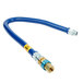 A blue Dormont gas connector hose with gold and silver connectors.