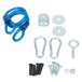 A blue cable with white hardware kit including screws and nuts.