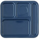 A dark blue rectangular Carlisle tray with four compartments.