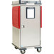 A stainless steel Metro T-Series heavy duty heated holding cabinet with red doors.