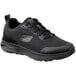 A black Skechers athletic shoe with laces.