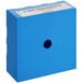 A blue square AccuTemp timer box with a white label and a hole.