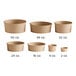 A row of Choice round brown paper containers in different sizes.