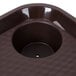 A brown polypropylene fast food tray with cup holders.