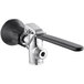 A close-up of a Chicago Faucets pre-rinse spray valve with a black and chrome handle.
