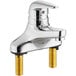 A silver Chicago Faucets deck-mounted sink faucet with gold accents.