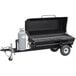 A large black Meadow Creek gas grill on a trailer with white wheels.