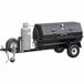 A large black Meadow Creek gas pig roaster on a grey trailer with a propane tank.