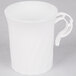 A white plastic coffee cup with a handle.