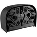 A black plastic Tork double roll toilet tissue dispenser with two holes.