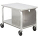 A silver metal cart with black wheels.