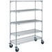 A chrome Metro 5 tier wire shelving unit on wheels.