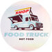 A white round vinyl sticker with a blue food truck and text.