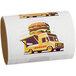 A white plastic roll of Carnival King customizable vinyl stickers with a yellow food truck and burger on top.
