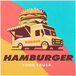 A yellow food truck with a hamburger on top with a white background.