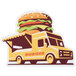 A yellow food truck with a large burger on top with a Sticker Yeti Customizable Die-Cut Vinyl Sticker on the side.