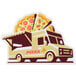 A white Carnival King custom vinyl sticker of a pizza truck with a pizza on the top.