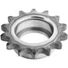 A close-up of a metal sprocket chain wheel with a gear design.