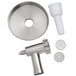 A stainless steel meat grinder attachment with a white handle.