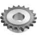 A silver metal gear sprocket with a hole.