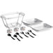 A group of Choice disposable chafing dishes with utensils on a white background.
