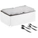 A white box with Choice disposable chafer dishes and silverware, including spoons and forks.