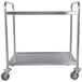A stainless steel Choice utility cart with 2 shelves and wheels.