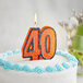 An orange glitter "40" birthday candle on a cake.