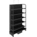 A black Marco Company refrigerator end cap display rack with mesh shelves.