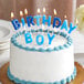 A cake with blue candles on top and "Birthday Boy" candle picks.